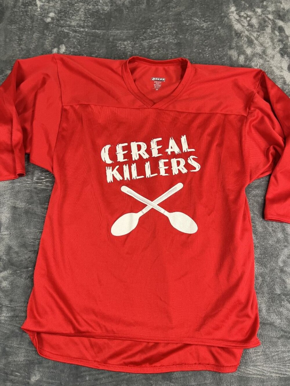 Cereal Killers Mens Red Hockey Jersey Tee Crossed Spoons Graphic Size S